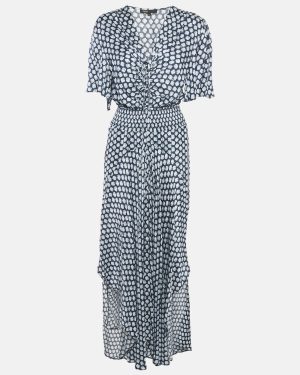 Maje Navy Blue Printed Crepe Shirring Maxi Dress L