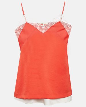 Maje Orange/White Crepe and Satin Lace Trim Camisole Top Set of 2 M/L