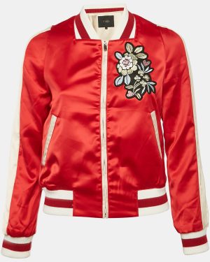 Maje Red Floral Applique Satin Bomber Jacket S