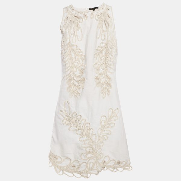 Maje White Embroidered Gabardine Cotton Cut-Out Detail Mini Dress XL