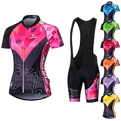 Malciklo Women's Short Sleeve Cycling Jersey with Bib Shorts Summer Elastane Lycra Polyester PinkWhite Purple Yellow Geometic British Plus Size Bike Jersey Tights Padded Shorts / Chamois Anatomic