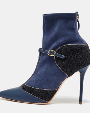 Malone Souliers Blue/Black Leather and Suede Sock Ankle Length Boots Size 40