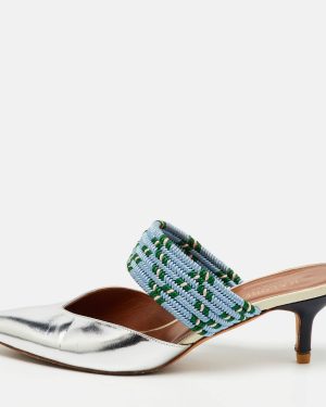 Malone Souliers Silver/Blue Metallic Leather and Stretch Band Maisie Mules 37