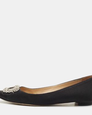 Manolo Blahnik Black Satin Hangisi Crystal Embellished Ballet Flats Size 37
