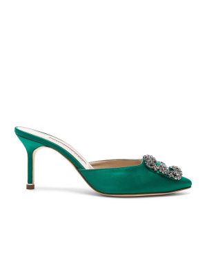 Manolo Blahnik Satin Hangisi 70 Mules in Green Satin - Green. Size 34 (also in 34.5, 35, 35.5, 36, 36.5, 37.5, 38, 39, 39.5).