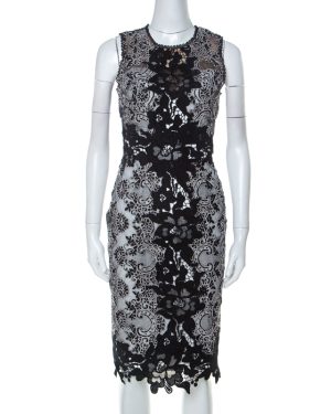Marchesa Notte Monochrome Floral Lace Sleeveless Pencil Dress S
