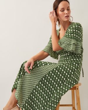 Maren Geometric Print Midi Tea Dress Green