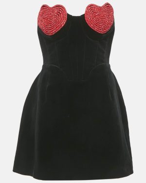 Marianna Senchina Black Velvet Heart Studded Strapless Mini Dress M
