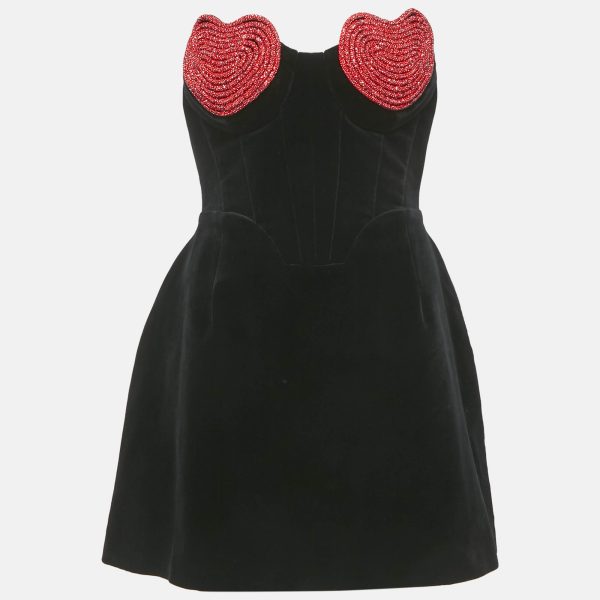 Marianna Senchina Black Velvet Heart Studded Strapless Mini Dress M