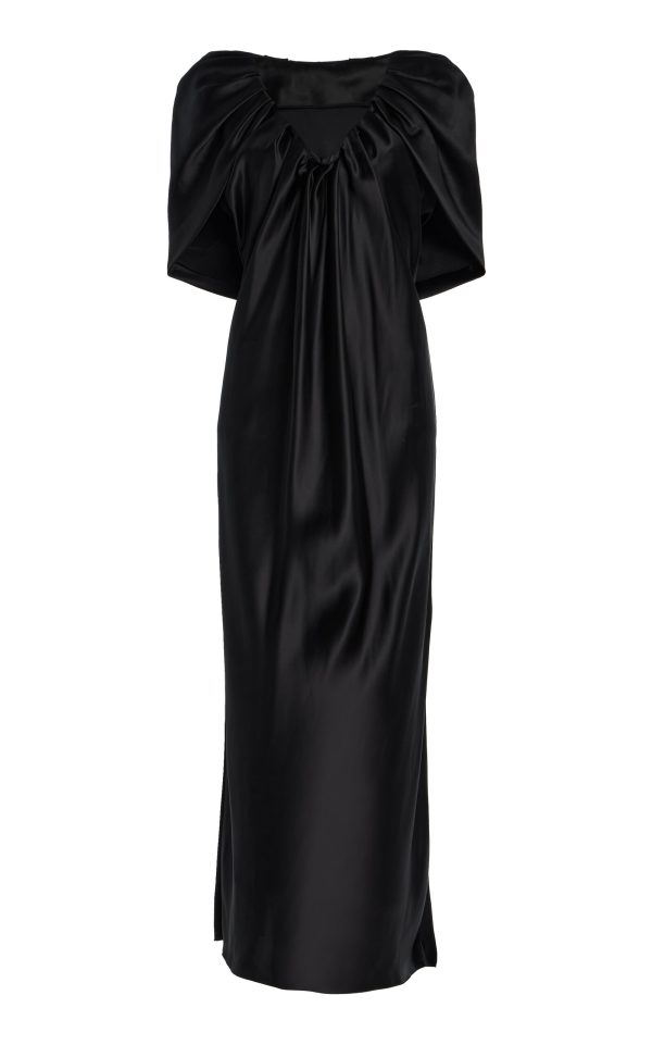 Marina Moscone - Draped Satin Sheath Midi Dress - Black - US 10 - Moda Operandi