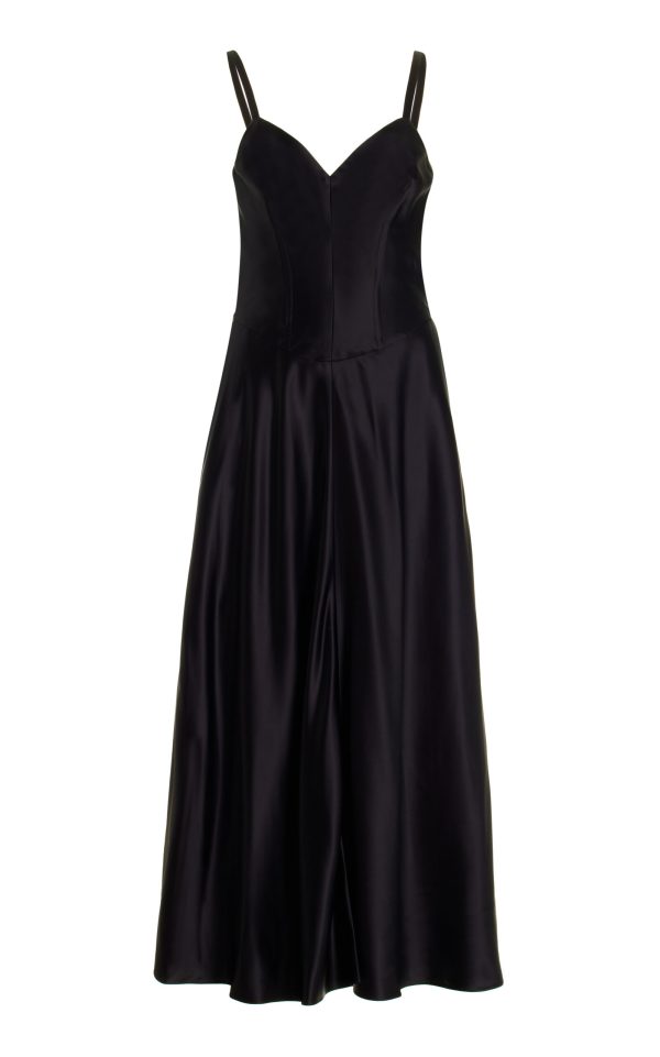 Marina Moscone - Satin Midi Swing Dress - Black - US 12 - Moda Operandi