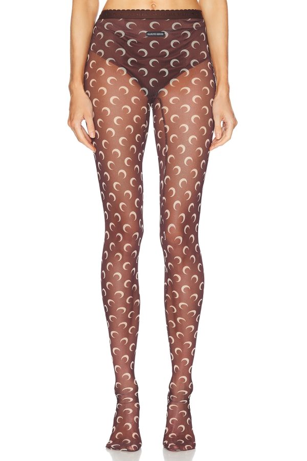 Marine Serre Moon Printed Mesh Tights in Brown - Brown. Size M (also in S, XS).