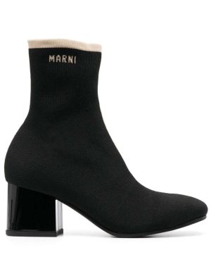 Marni Black Ankle Boot In Leather With Medium And Wide Heel Ecru-colored Details