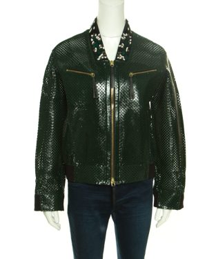 Marni Emerald Green Perforated Leather Floral Embellished Detail Bomber Jacket S