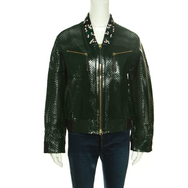 Marni Emerald Green Perforated Leather Floral Embellished Detail Bomber Jacket S