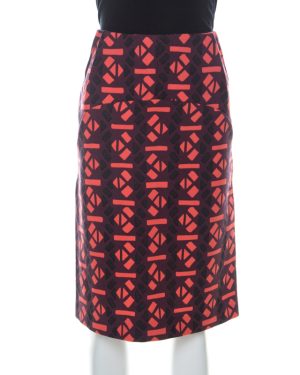 Marni Red Geometric Print Wool Pencil Midi Skirt M