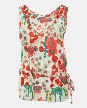 Marni White/Red Floral Print Cotton Peplum Top M