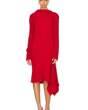 Marques ' Almeida Merino Wool Knitted Draped Midi Dress in Red. Size S.