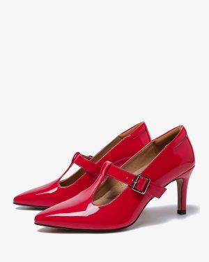 Mary Janes Pumps Red Pointed Toe Leather Stiletto Heel Kitten Heel Pump