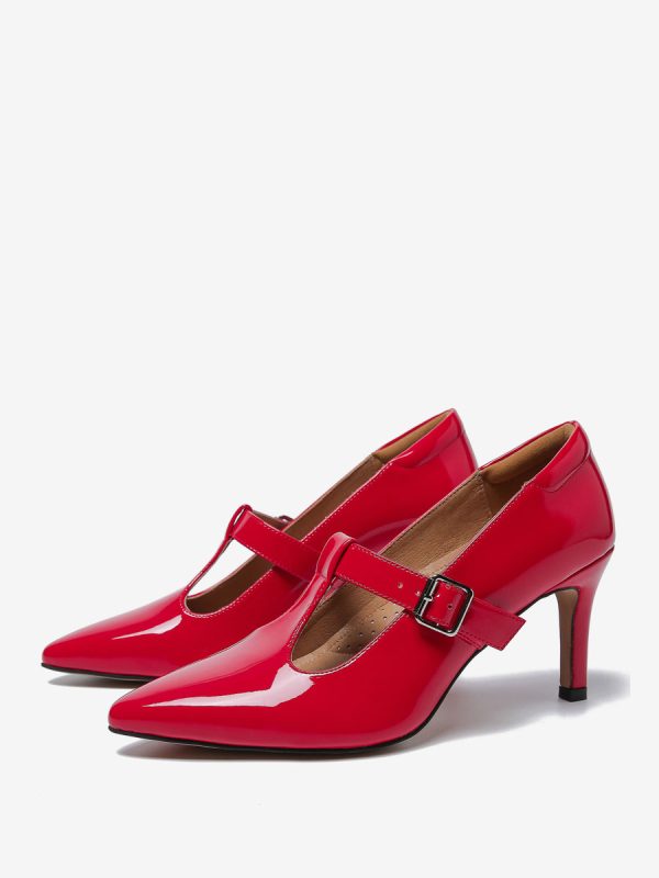 Mary Janes Pumps Red Pointed Toe Leather Stiletto Heel Kitten Heel Pump