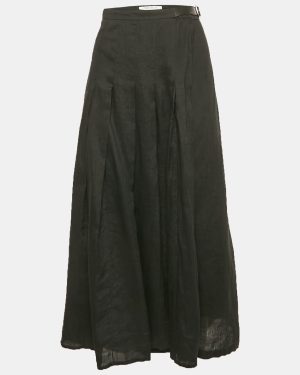 Max Mara Black Linen Pleated Maxi Wrap Skirt L