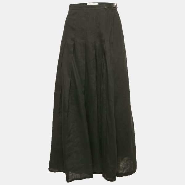 Max Mara Black Linen Pleated Maxi Wrap Skirt L
