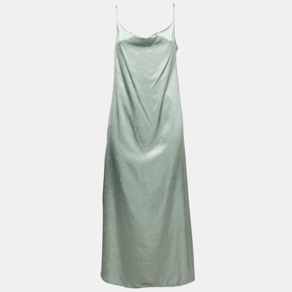 Max Mara Leisure Metallic Grey Satin Strappy Maxi Dress M