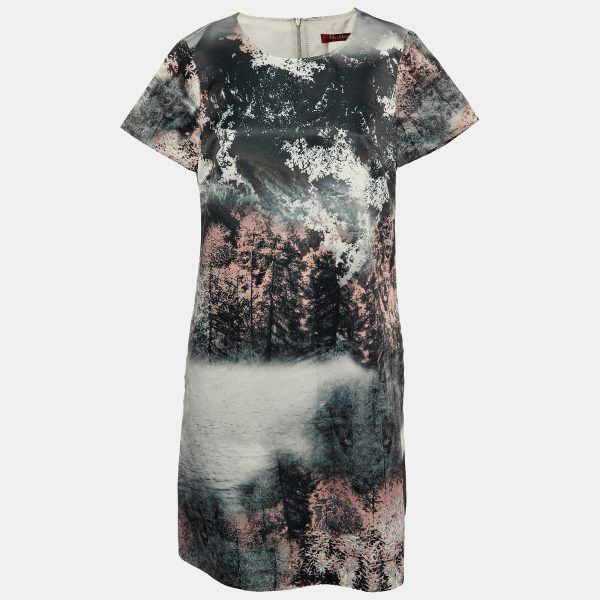 Max Mara Studio Grey Printed Satin Shift Dress M