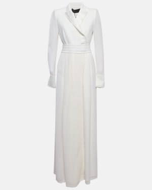 Max Mara White Satin and Silk Fringed Long Sleeve Maxi Dress M