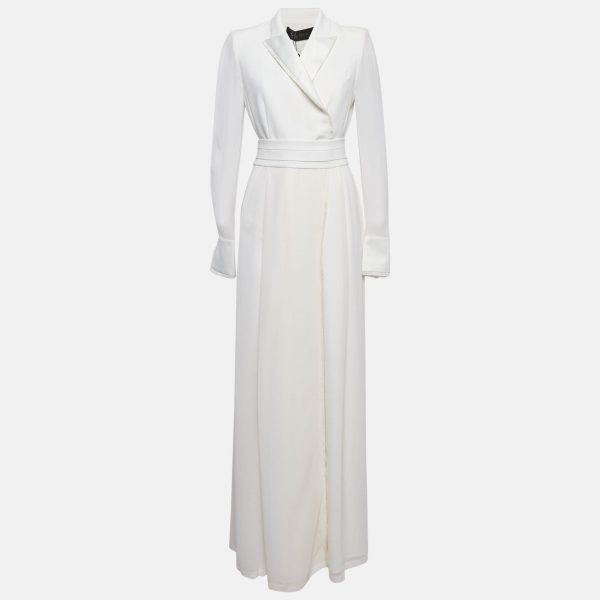 Max Mara White Satin and Silk Fringed Long Sleeve Maxi Dress M