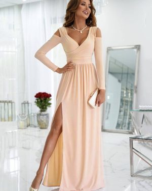 Maxi Dress V-Neck Cold Shoulder Layered Cut Out Sexy Slit Prom Dress