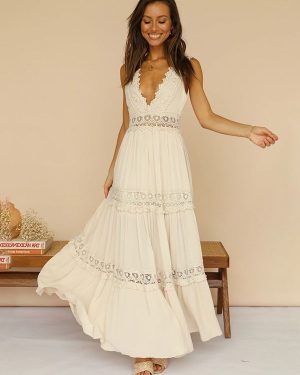 Maxi Dress V-Neck Sleeveless Casual Backless Long Dress