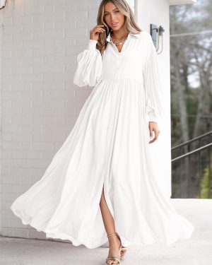 Maxi Dress White Turndown Collar Long Sleeves Oversized Shirt Dress