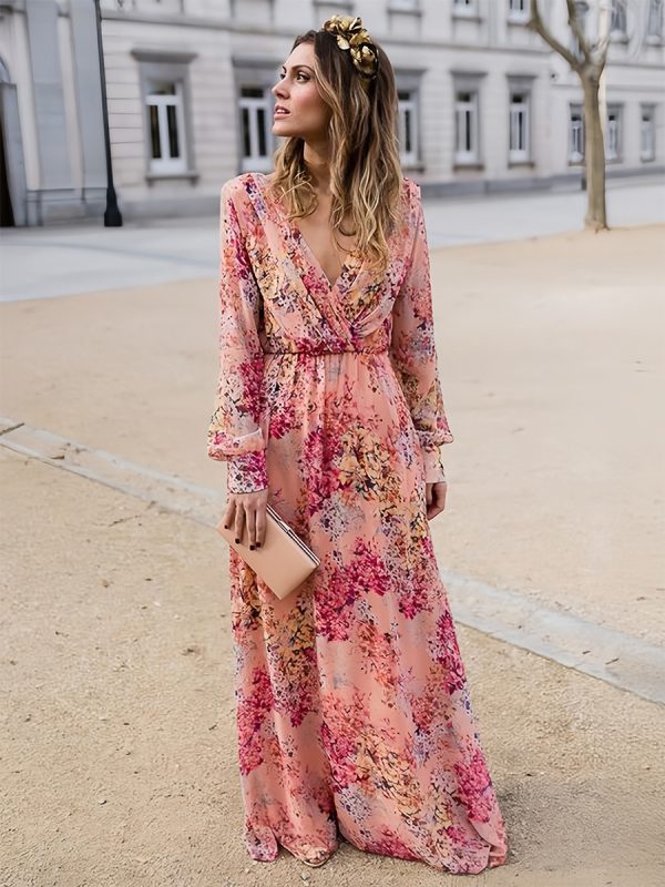 Maxi Dresses Long Sleeves Pink Printed V-Neck Folklore Dress
