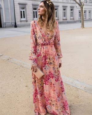 Maxi Dresses Long Sleeves Pink Printed V-Neck Folklore Dress