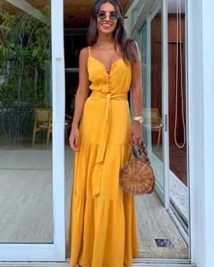 Maxi Slip Dress Buttons Sleeveless Women Long Warp Beach Dress