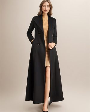 Maxi Woolen Coat For Women Double-breasted Large Lapel Belted A-line Full Length Winter Outerwear 2025