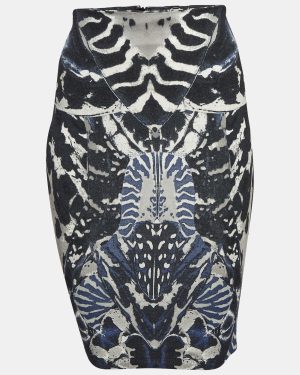 McQ by Alexander McQueen Blue Beetle Print Crepe Pencil Skirt XS