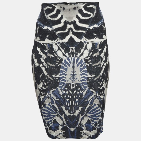 McQ by Alexander McQueen Blue Beetle Print Crepe Pencil Skirt XS