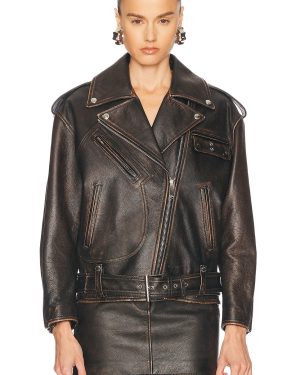McQueen Peeling Leather Oversized Biker Jacket in Dark Brown & Tan - Brown. Size 36 (also in 38).