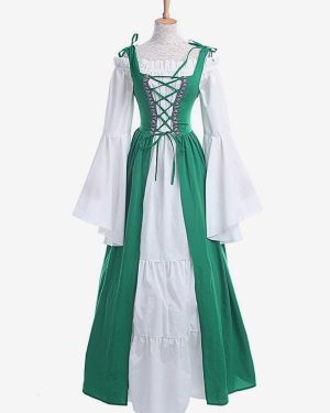 Medieval Vintage Dress Green Layered Long Sleeves Swing Dress Cosplay Costume Carnival