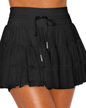 (Medium, Black) Cresay Women's Pleated Skirt High Waisted Ruffle Tennis Skirts Sports Skater Running Skorts with Shorts Pockets