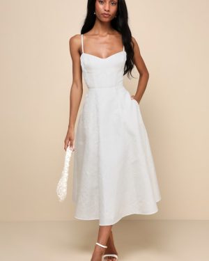 Meet for Tea White Jacquard Bustier Midi Dress With Pockets