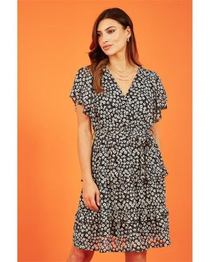 Mela London Black Floral Wrap Skater Dress
