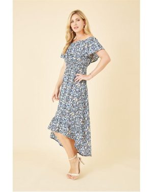 Mela London Blue Floral Ditsy Bardot Midi Dress