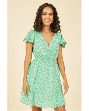 Mela London Green Ditsy Print Wrap Skater Dress