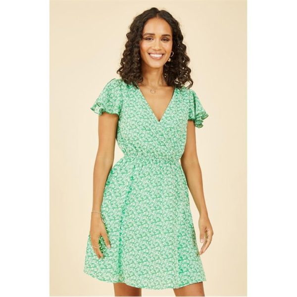Mela London Green Ditsy Print Wrap Skater Dress