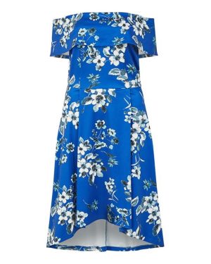 Mela London Mela London Blue Floral Bardot Dipped Hem Dress