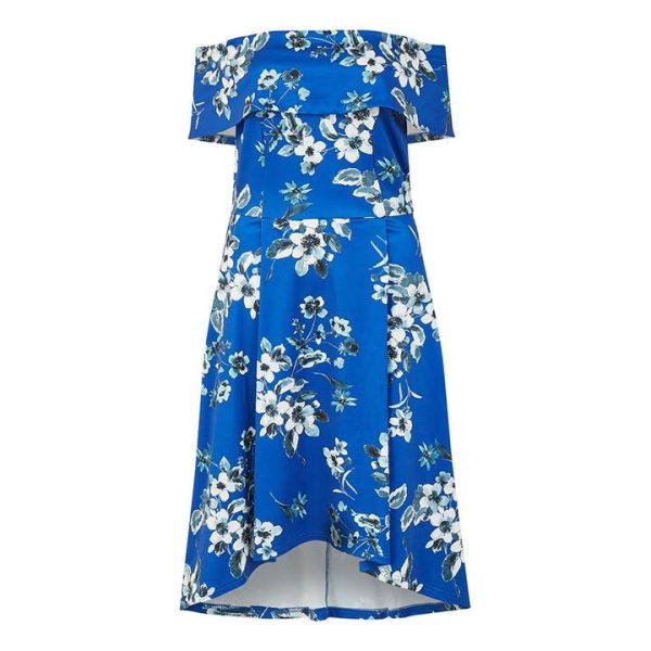 Mela London Mela London Blue Floral Bardot Dipped Hem Dress
