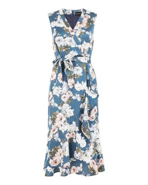 Mela London Mela London Blue Floral Satin Wrap Midi Dress